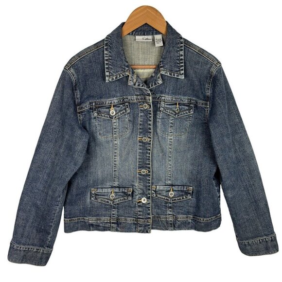 Chico's Platinum Bomber Denim Jean Jacket Women Size 1= M/ 8 Blue Stretch Crop - Picture 1 of 11